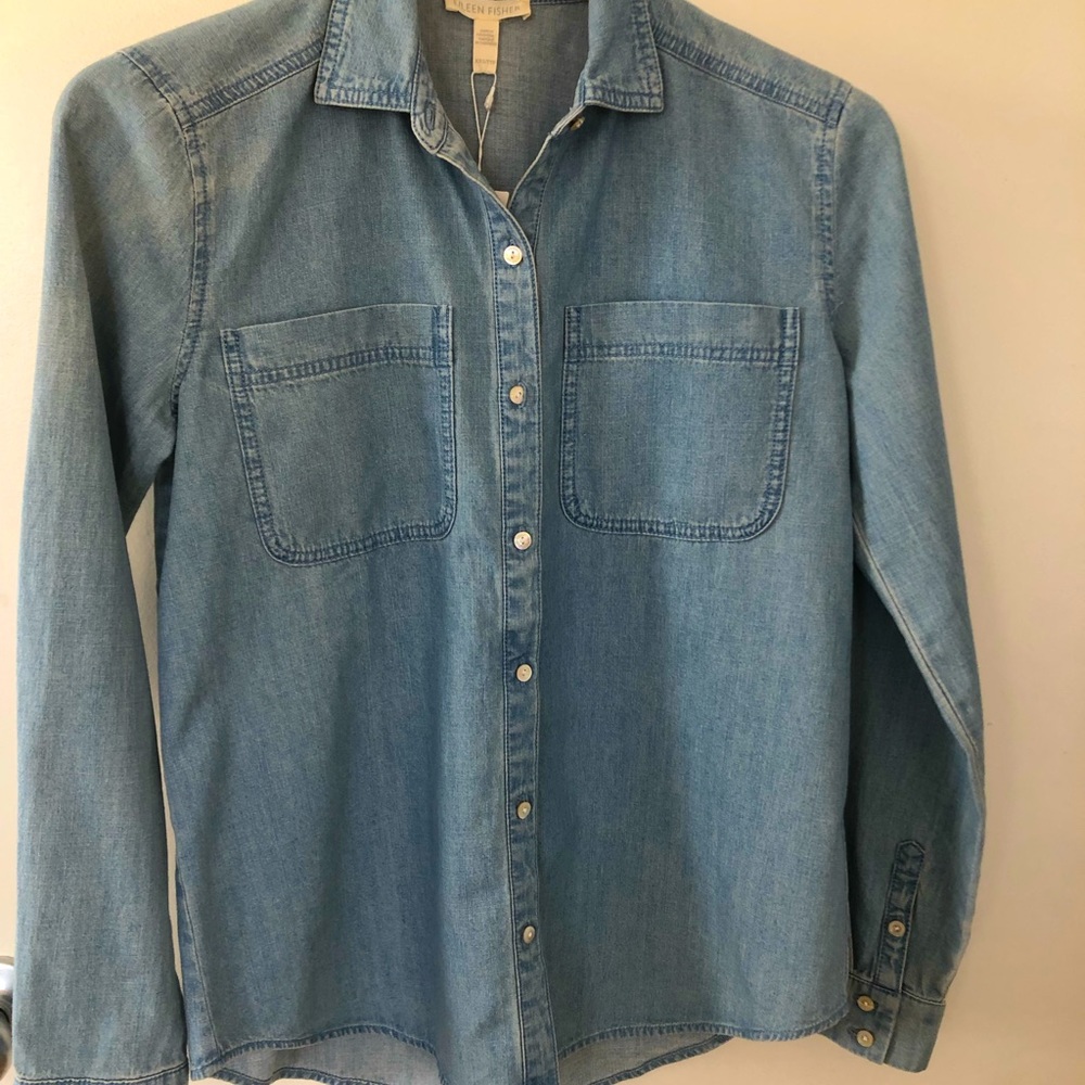 Eileen Fisher denim button down shirt.